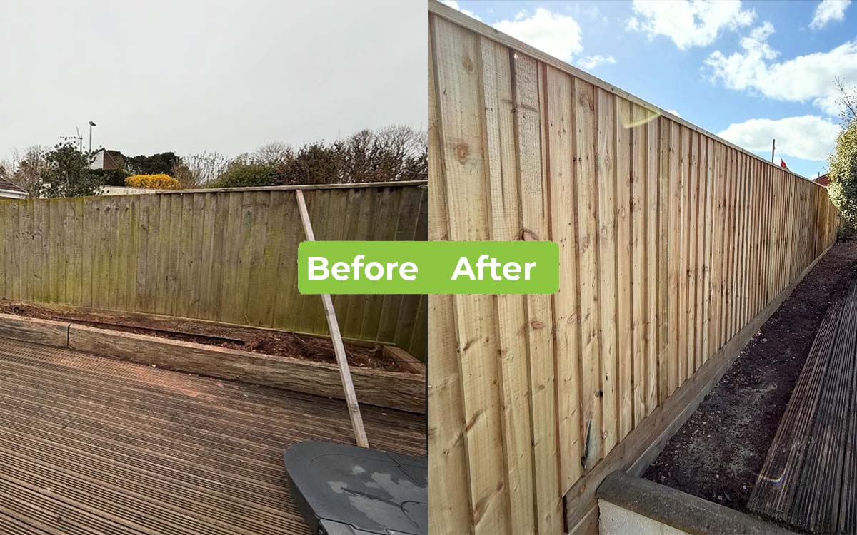 Before and after of a garden fencing project, the before shows a fence falling down almost green with mould, the after shows a brand new jacksons fencing fence
